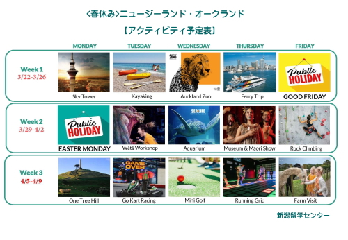2027年オークランド　ジュニア留学　アクティビティ予定表