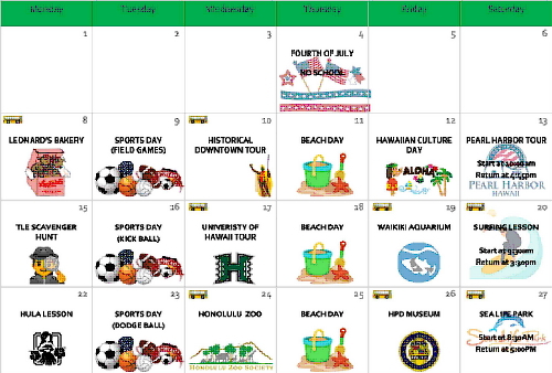 中高校生　夏休みハワイ短期留学　アクティビティスケジュール